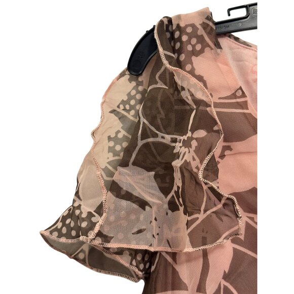 F.L.P. Floral Pink & Brown Sheer Asymmetrical Midi Dress Size 8 Polyester Lining - Picture 4 of 9
